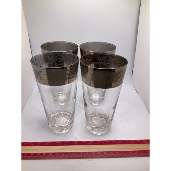 RARE 1960 Dorothy Thorpe Silver Rimmed Tumblers Set of 4 Embossed Flower 6" Tall - Picture 1 of 5